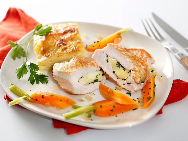 Rezept Mit Brie gefüllte Putenmedaillons und Kartoffelgratin