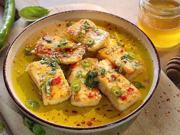 Halloumi gebacken überbackener Hallouni