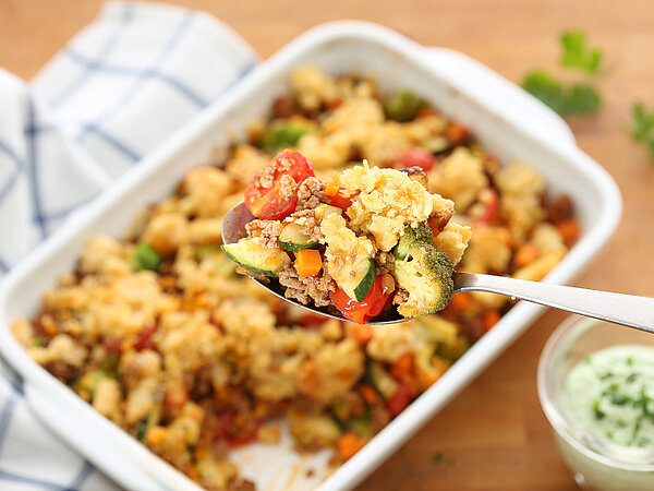 Rezept Hackauflauf mit dreierlei Kaesestreuseln