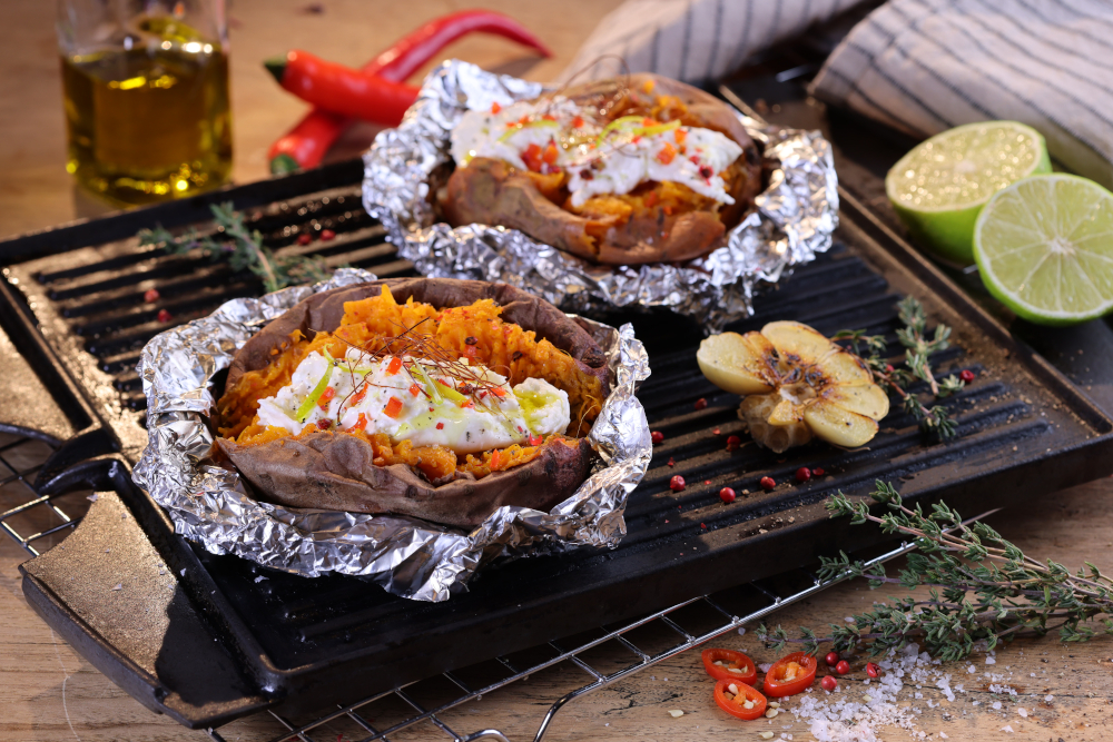 Rezept zum Grillen: Süßkartoffel mit Frischkäse-Creme